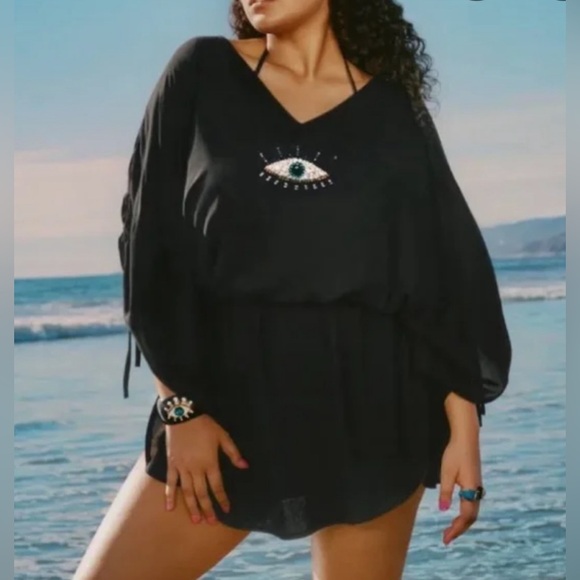 Kurt Geiger Other - Kurt Geiger London Black Evil Eye Embellished Swim Cover Up Kaftan Size Medium